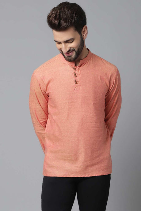 Buy Men's Orange Cotton Self-design Long Kurta Online - KARMAPLACE