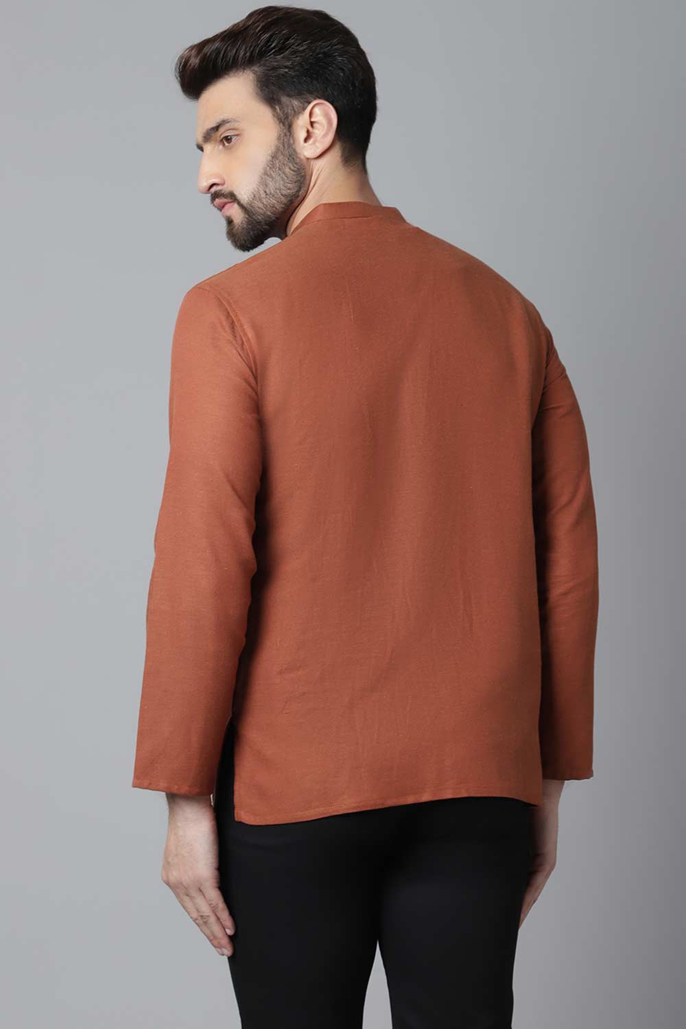 Buy Men's Rust Cotton Solid Long Kurta Online - KARMAPLACE