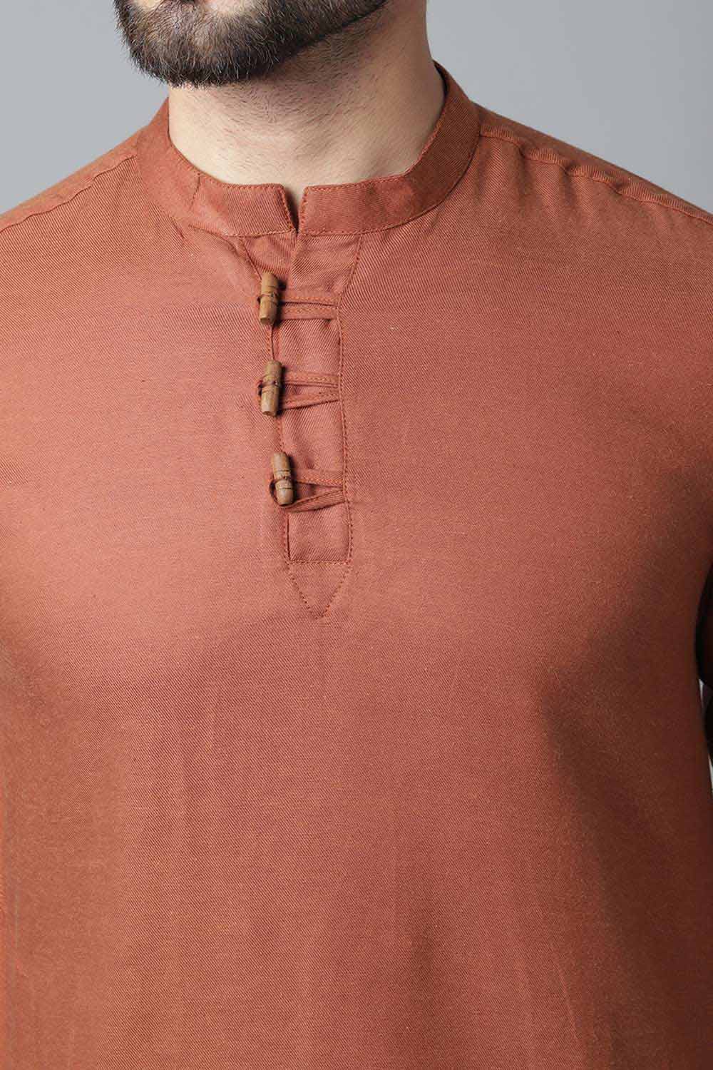 Buy Men's Rust Cotton Solid Long Kurta Online - KARMAPLACE