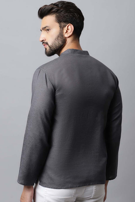 Men's Dark Grey Solid Full Sleeve Short Kurta Top