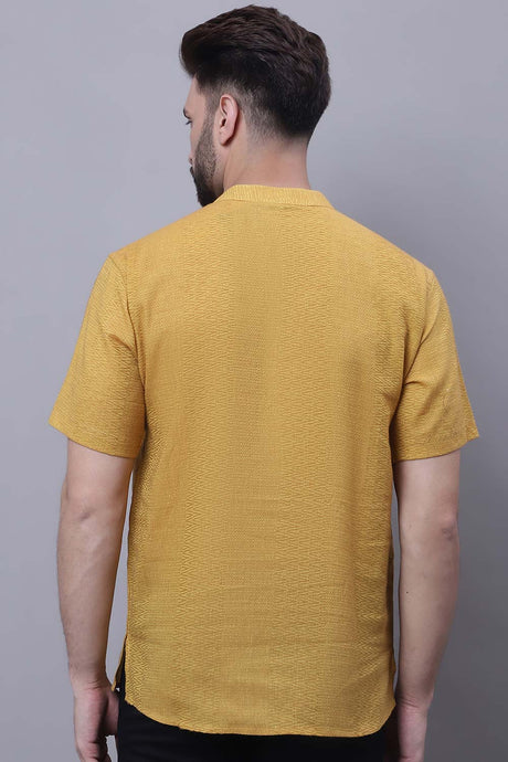 Buy Men's Yellow Cotton Self Design Short Kurta Top Online - Zoom In