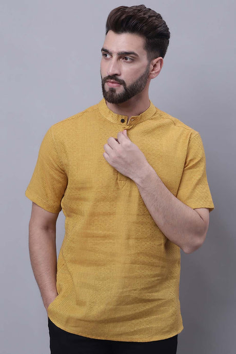 Buy Men's Yellow Cotton Self Design Short Kurta Top Online - Zoom Out