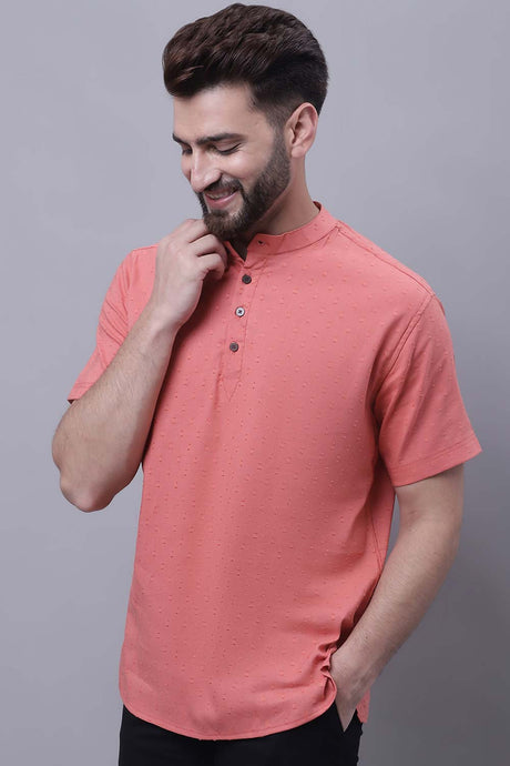 Buy Men's Peach Cotton Self Design Short Kurta Top Online - Back