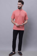 Buy Men's Peach Cotton Self Design Short Kurta Top Online - Zoom In