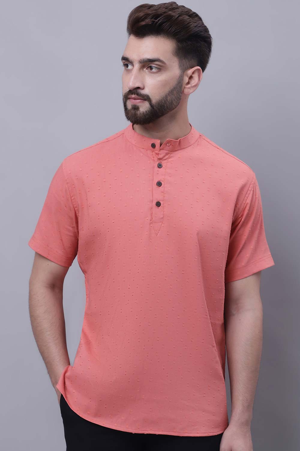 Buy Men's Peach Cotton Self Design Short Kurta Top Online - Zoom Out