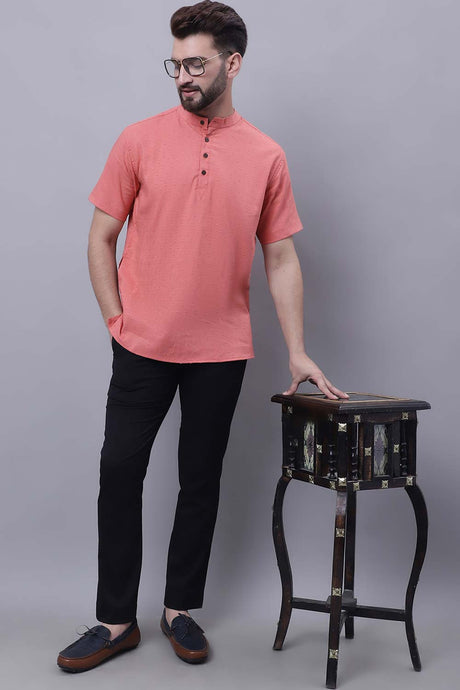 Buy Men's Peach Cotton Self Design Short Kurta Top Online