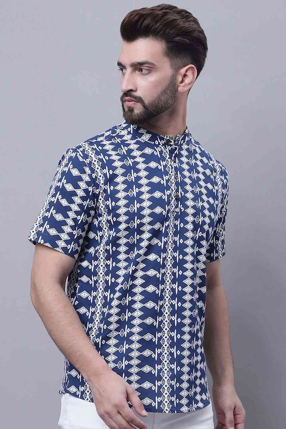 Buy Men's Blue Cotton Printed Short Kurta Top Online - Back