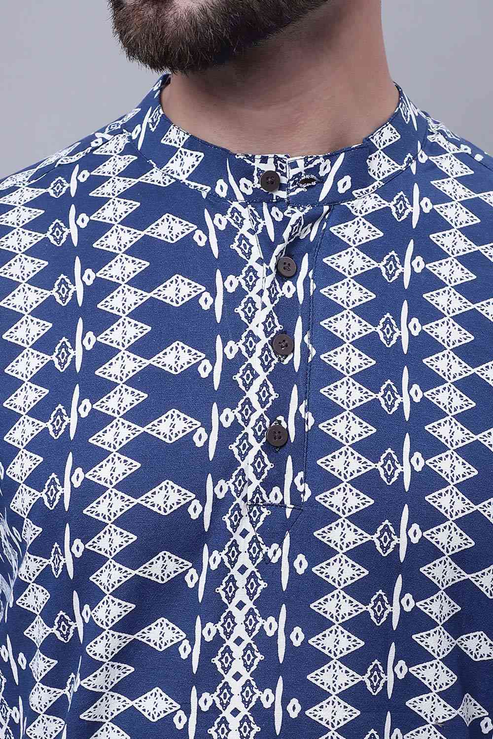 Buy Men's Blue Cotton Printed Short Kurta Top Online - Side