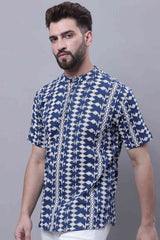 Buy Men's Blue Cotton Printed Short Kurta Top Online