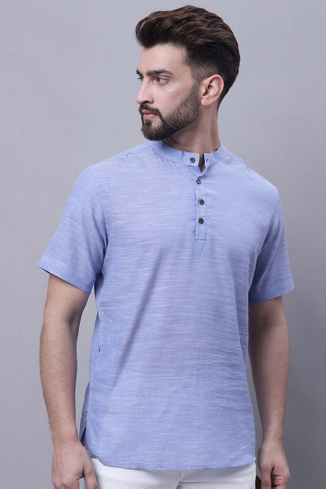 Buy Men's Blue Cotton Self Design Short Kurta Top Online - Back
