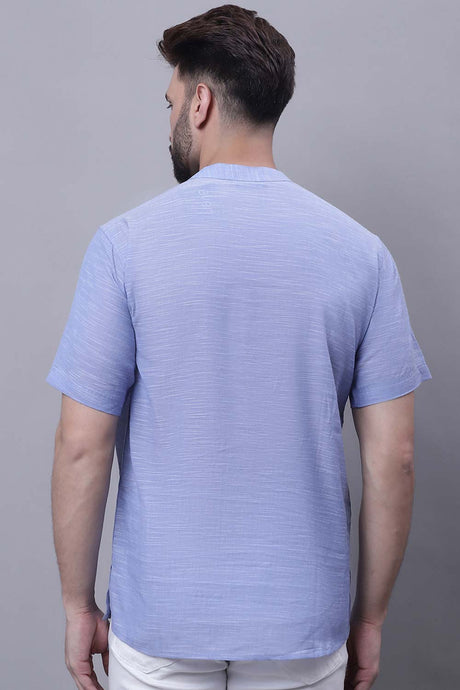 Buy Men's Blue Cotton Self Design Short Kurta Top Online - Front