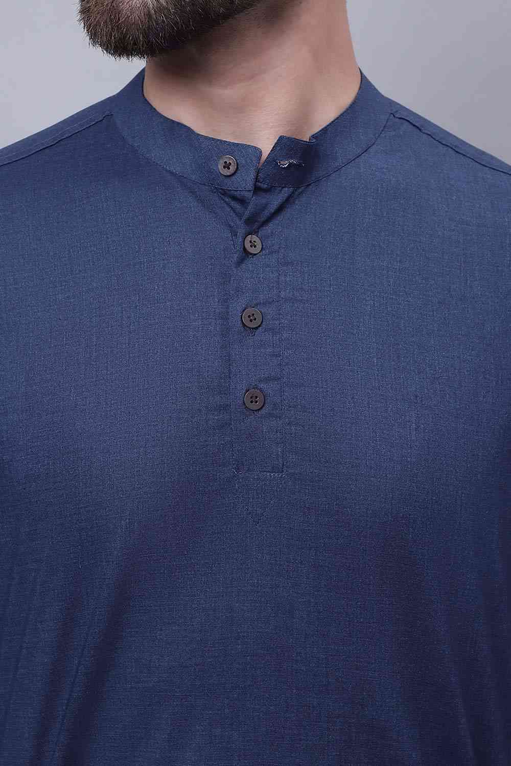 Buy Men's Blue Cotton Solid Short Kurta Top Online - Side