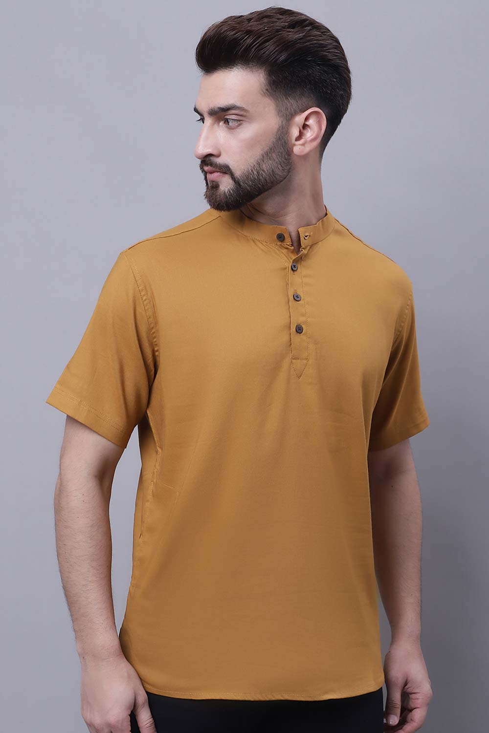 Buy Men's Brown Cotton Solid Short Kurta Top Online - Back