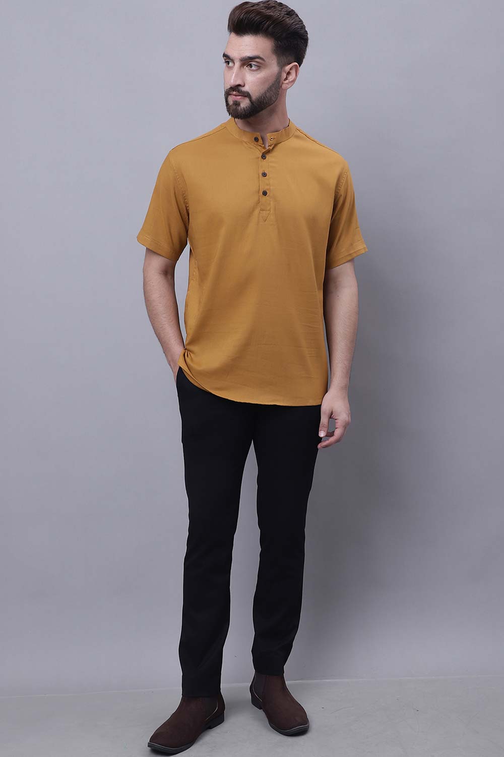 Buy Men's Brown Cotton Solid Short Kurta Top Online - Zoom Out