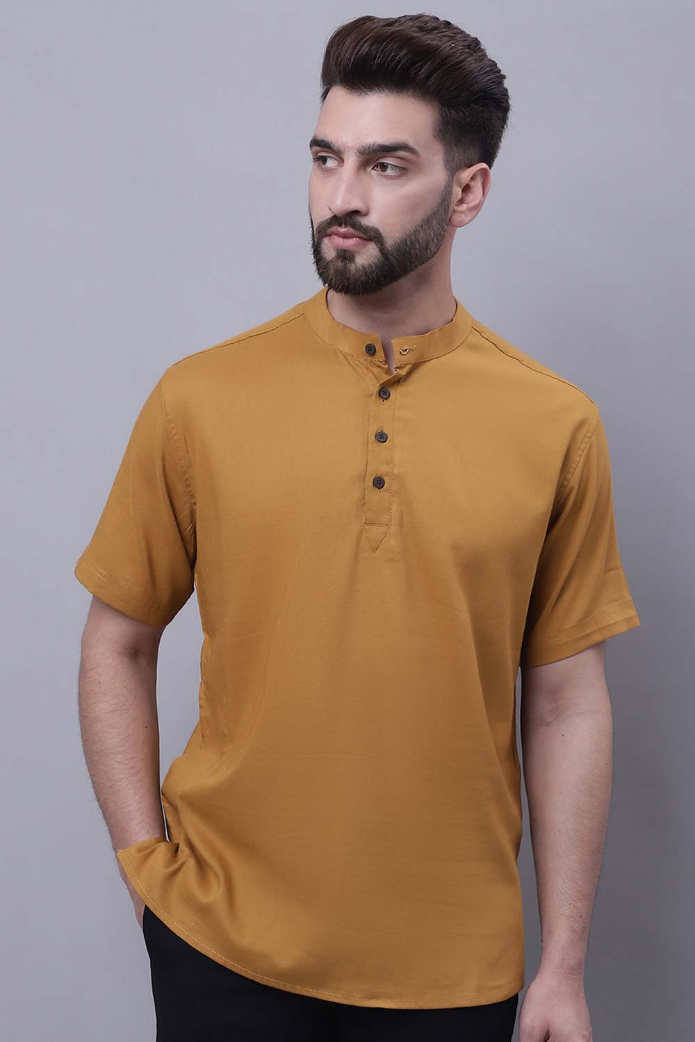 Buy Men's Brown Cotton Solid Short Kurta Top Online