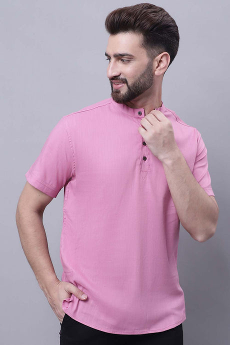 Buy Men's Pink Cotton Solid Short Kurta Top Online - Back