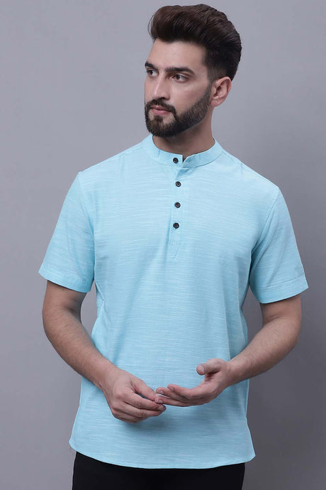 Buy Men's Blue Cotton Solid Short Kurta Top Online