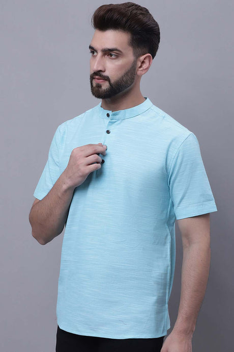 Buy Men's Blue Cotton Solid Short Kurta Top Online - Back