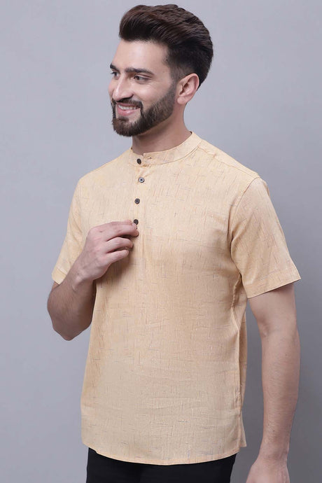 Buy Men's Beige Cotton Self Design Short Kurta Top Online - Back