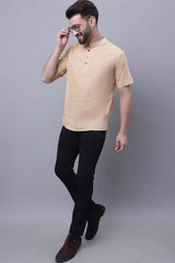 Buy Men's Beige Cotton Self Design Short Kurta Top Online - Zoom Out