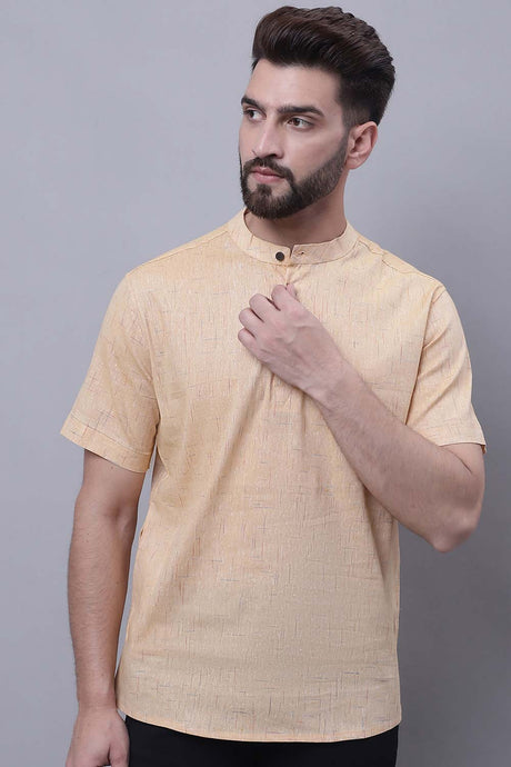 Buy Men's Beige Cotton Self Design Short Kurta Top Online