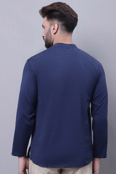 Buy Men's Blue Cotton Striped Short Kurta Top Online - Back