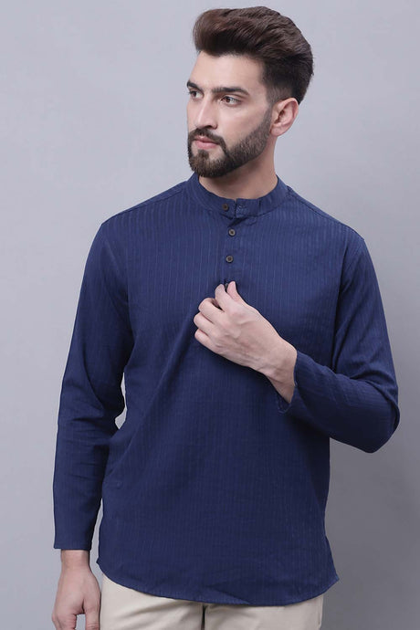 Buy Men's Blue Cotton Striped Short Kurta Top Online