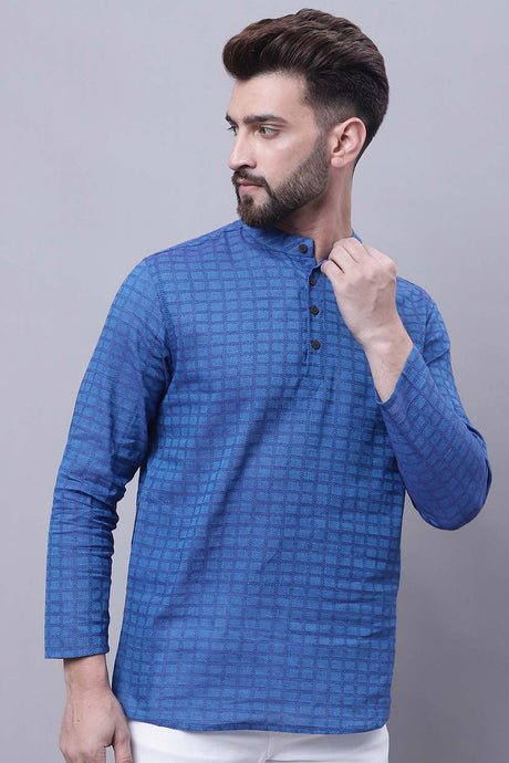 Buy Men's Blue Cotton Check Print Short Kurta Top Online - Back