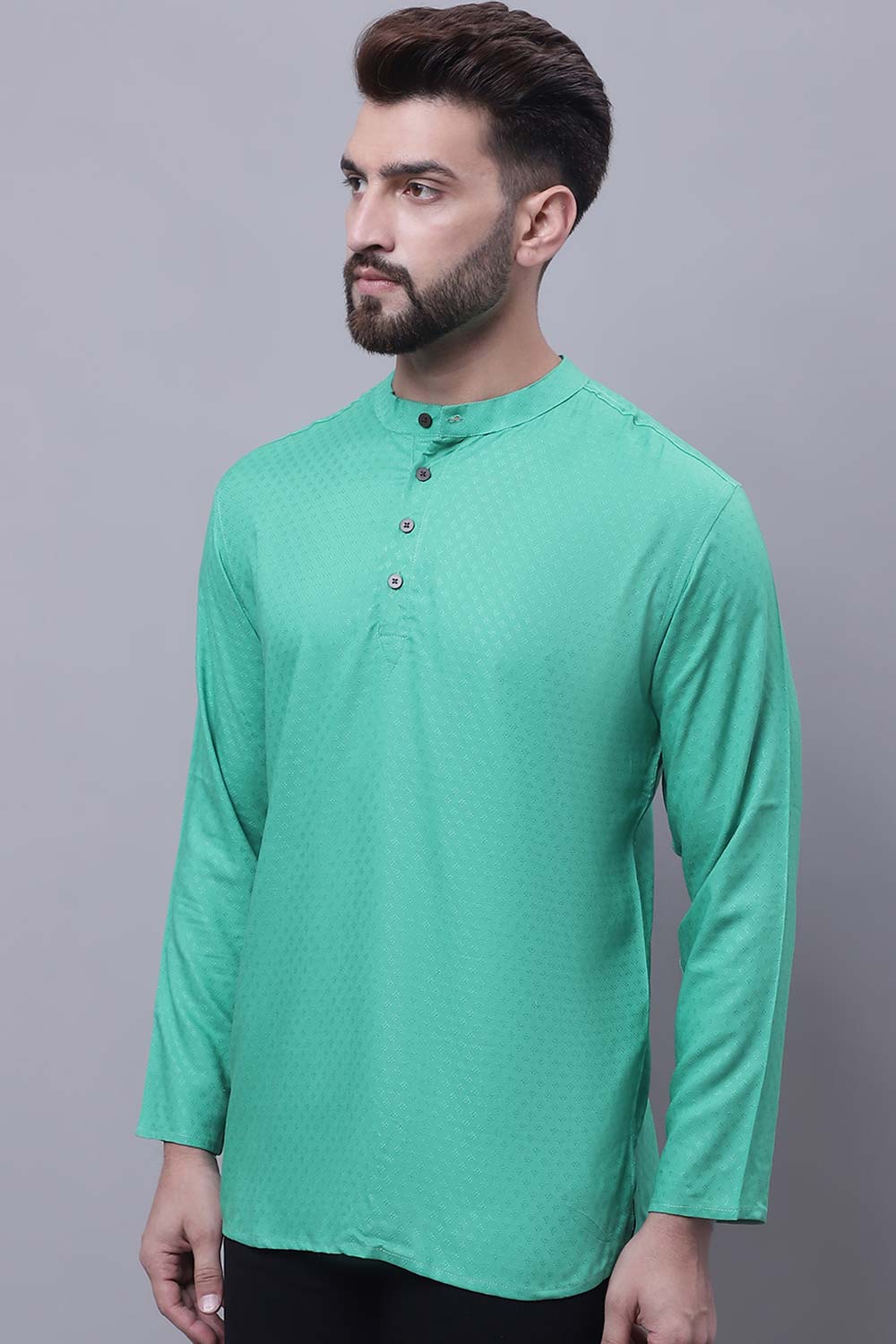 Buy Men's Green Cotton Self Design Short Kurta Top Online - Back