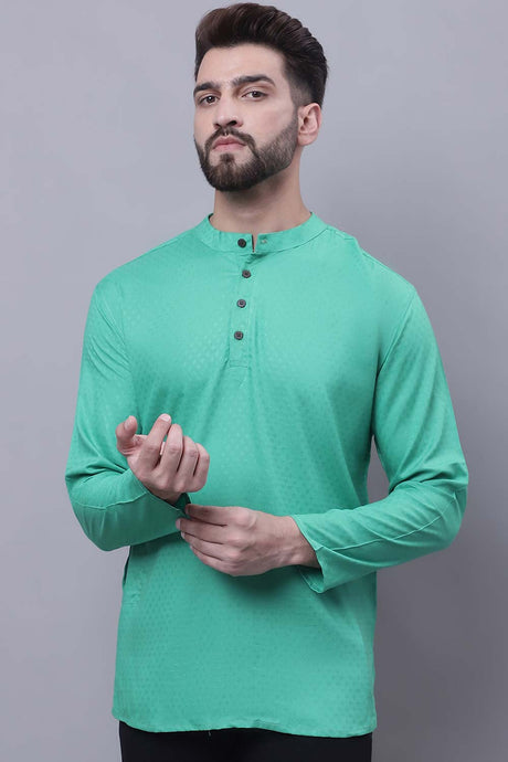 Buy Men's Green Cotton Self Design Short Kurta Top Online - Zoom In