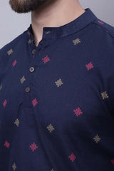 Buy Men's Blue Cotton Check Print Short Kurta Top Online - Front