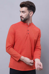 Buy Men's Orange Cotton Striped Short Kurta Top Online - Back