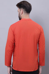 Buy Men's Orange Cotton Striped Short Kurta Top Online - Front