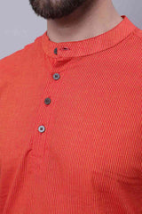 Buy Men's Orange Cotton Striped Short Kurta Top Online - Side