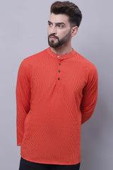 Buy Men's Orange Cotton Striped Short Kurta Top Online - Zoom Out