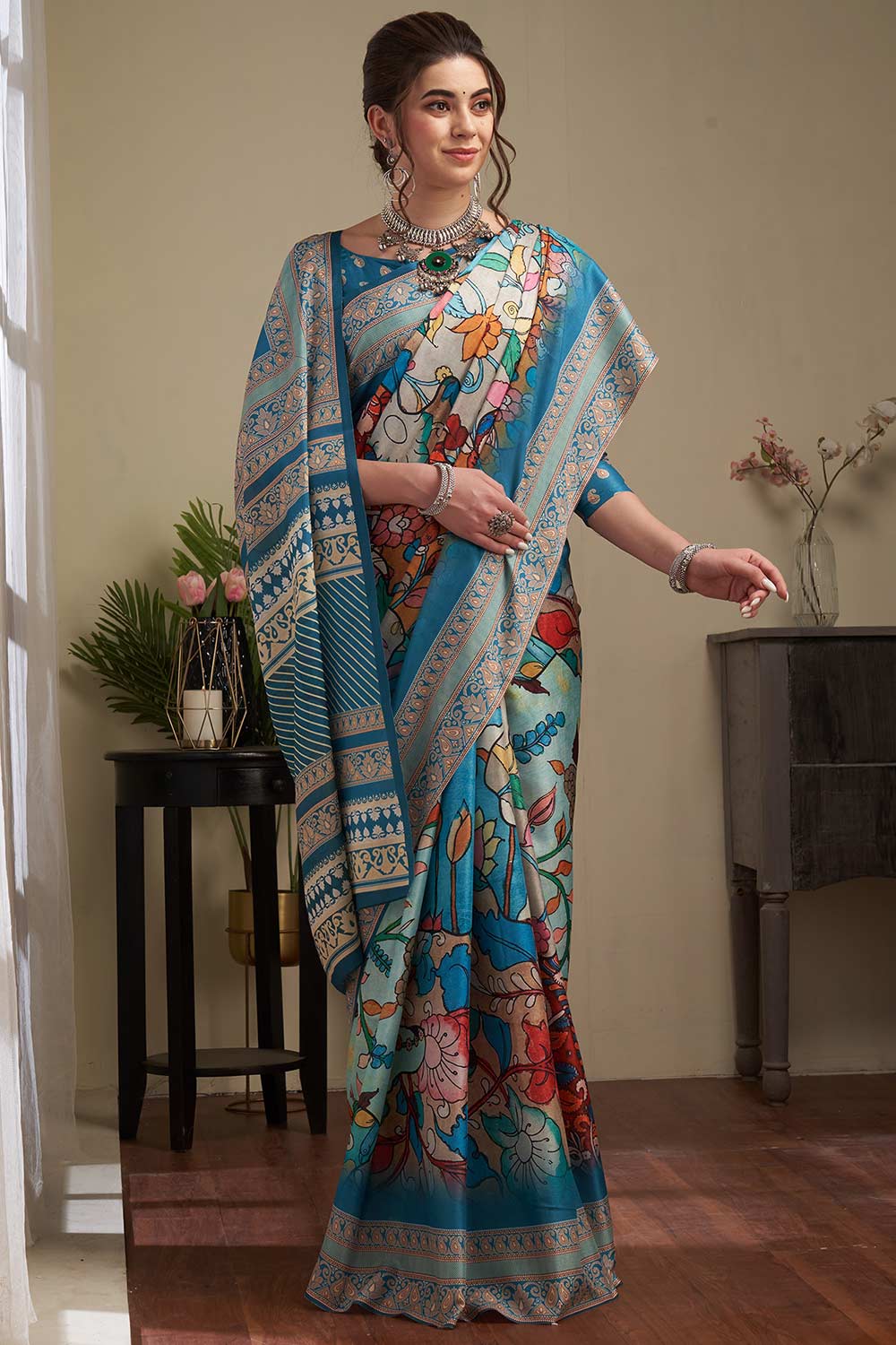 Blue Manipuri Silk Kalamkari Digital Print Pochampally Saree