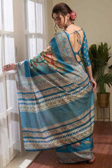 Blue Manipuri Silk Kalamkari Digital Print Pochampally Saree