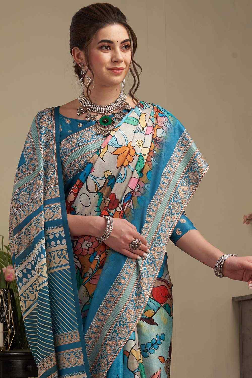 Blue Manipuri Silk Kalamkari Digital Print Pochampally Saree