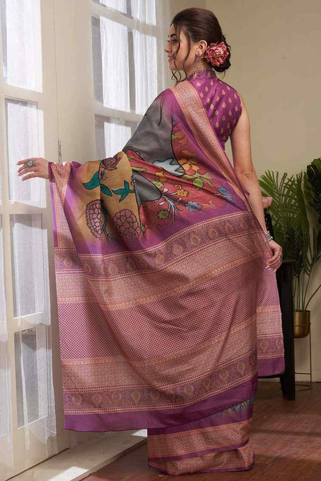 Grey Manipuri Silk Kalamkari Digital Print Pochampally Saree