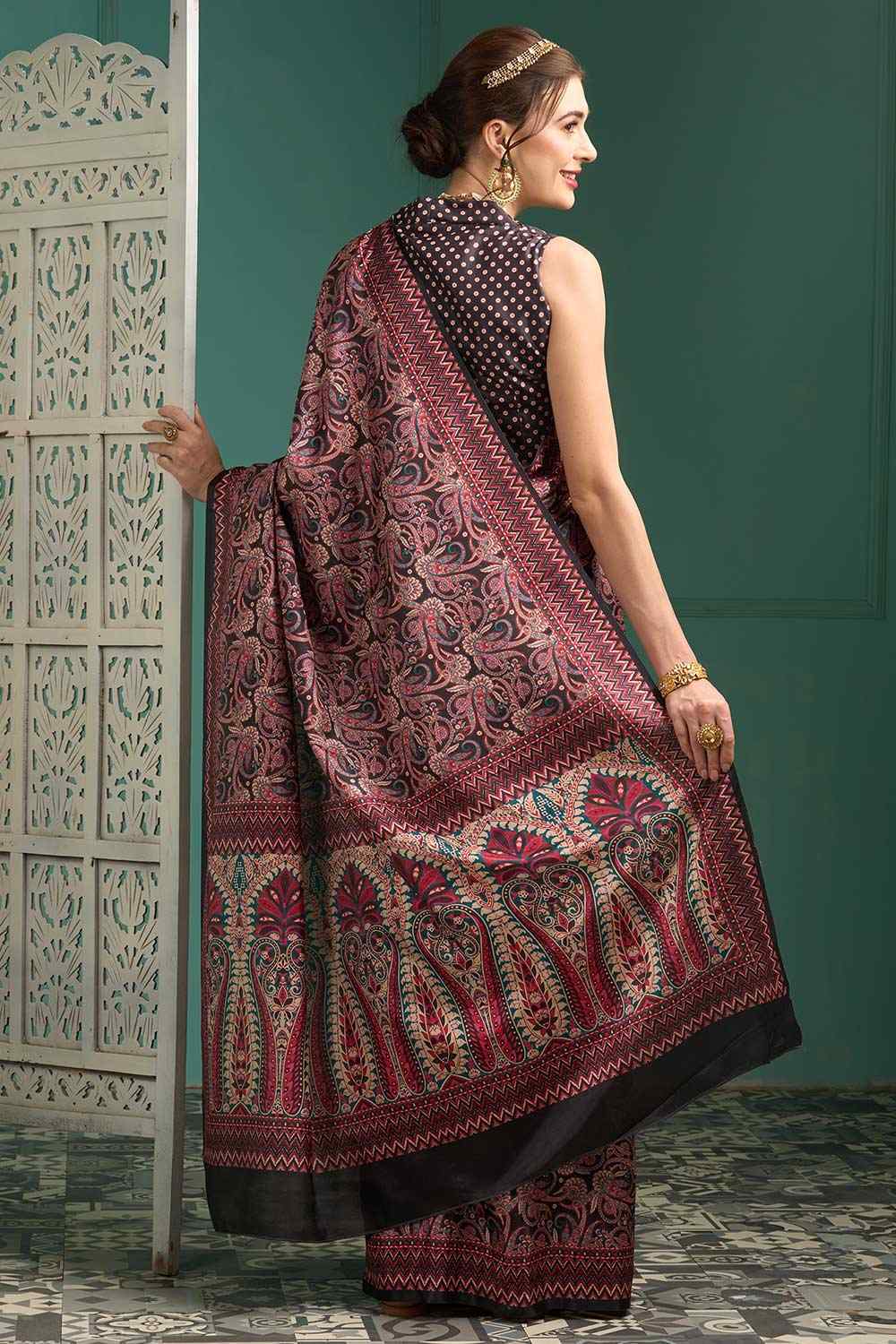 Black Manipuri Silk Paisley Digital Block Print Saree