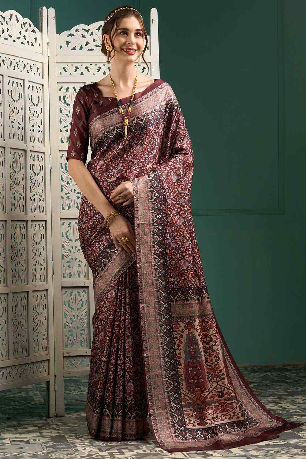 Maroon Manipuri Silk Botanical Digital Block Print Saree