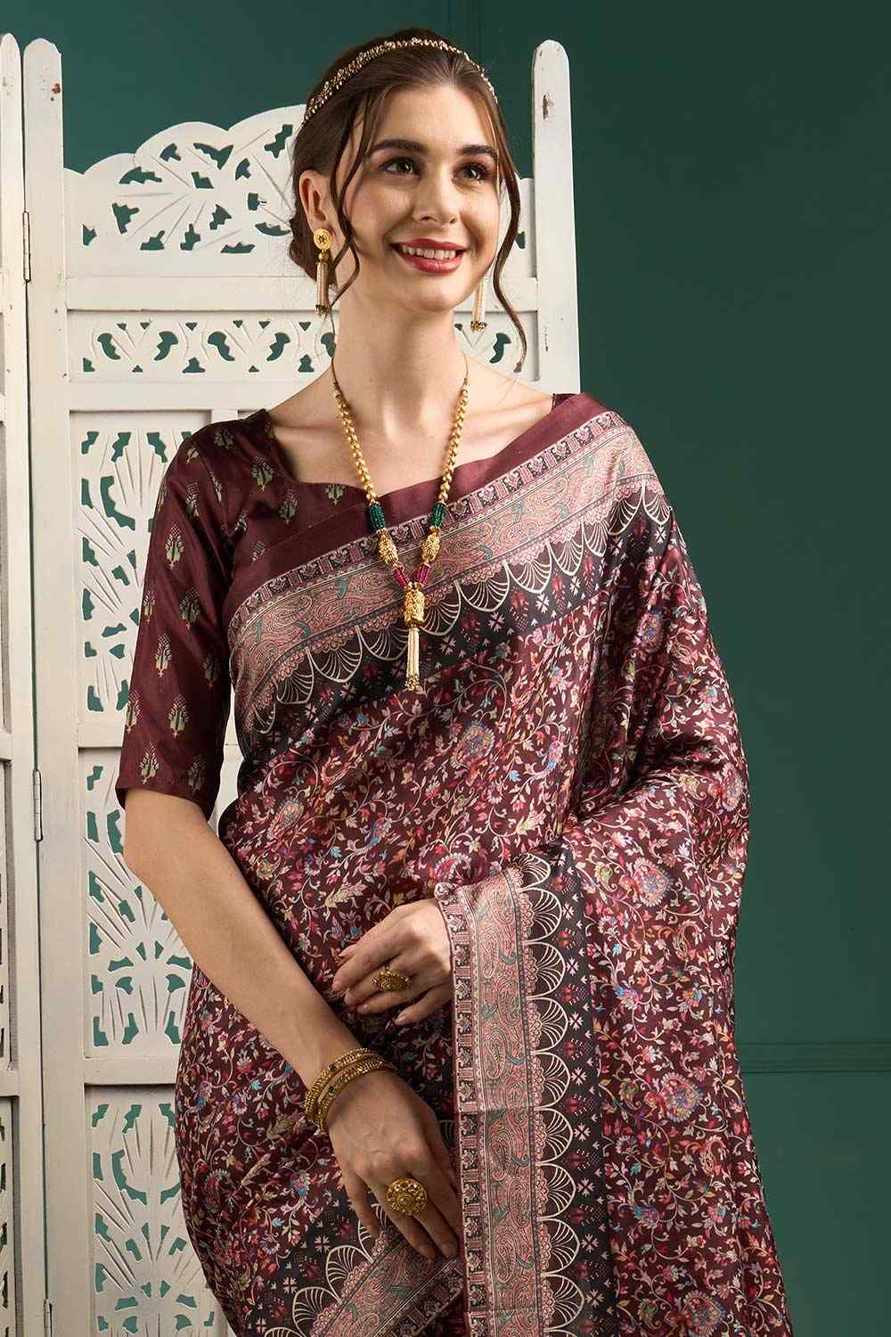 Maroon Manipuri Silk Botanical Digital Block Print Saree