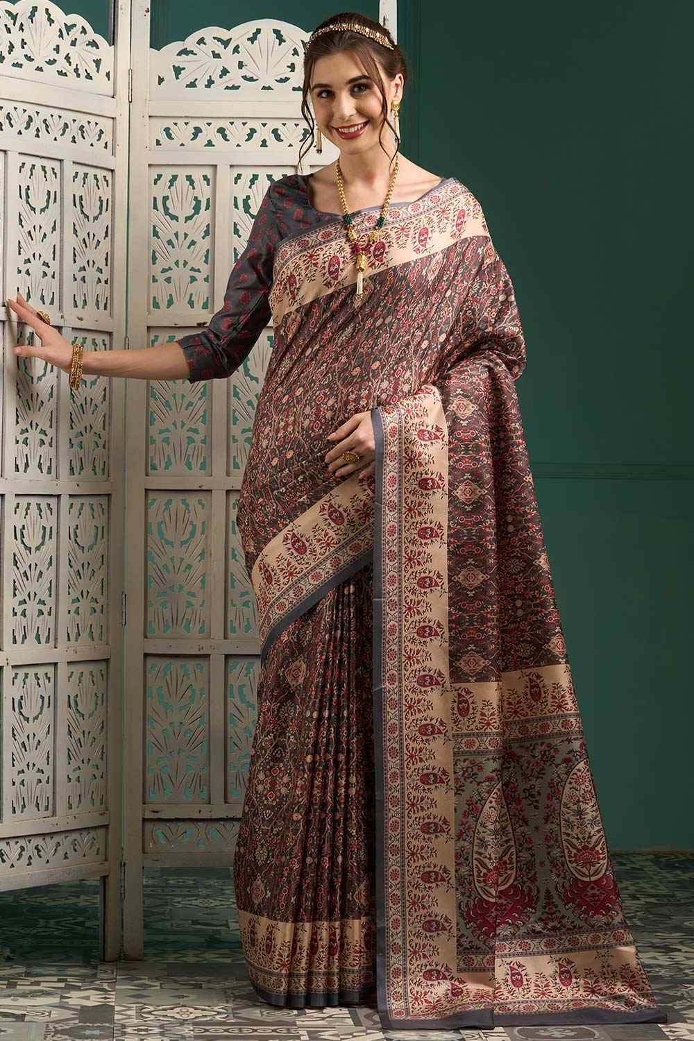 Grey Manipuri Silk Paisley Digital Block Print Saree