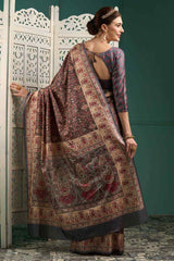 Grey Manipuri Silk Paisley Digital Block Print Saree