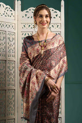 Grey Manipuri Silk Paisley Digital Block Print Saree