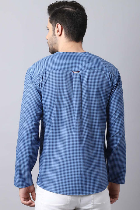 Men's Dark Blue Self-Design Full Sleeve Short Kurta Top