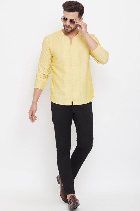 Buy Men's Linen Solid Short Kurta in Yellow - Back