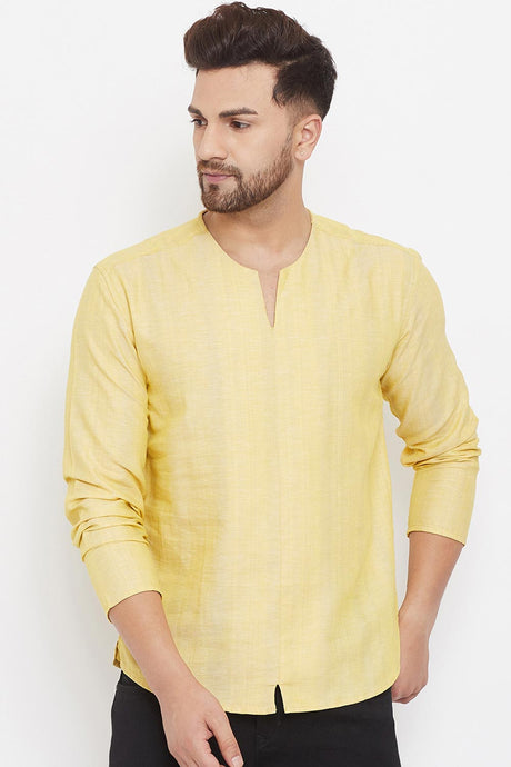 Buy Men's Linen Solid Short Kurta in Yellow Online