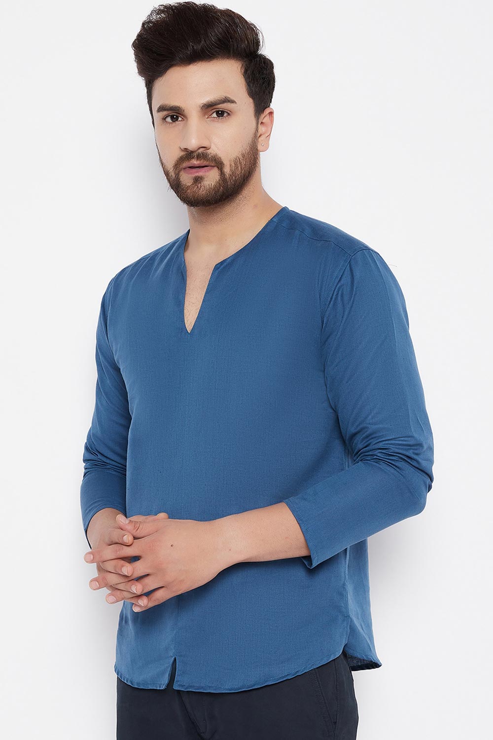 Buy Linen Solid Kurta in Blue Online - Front