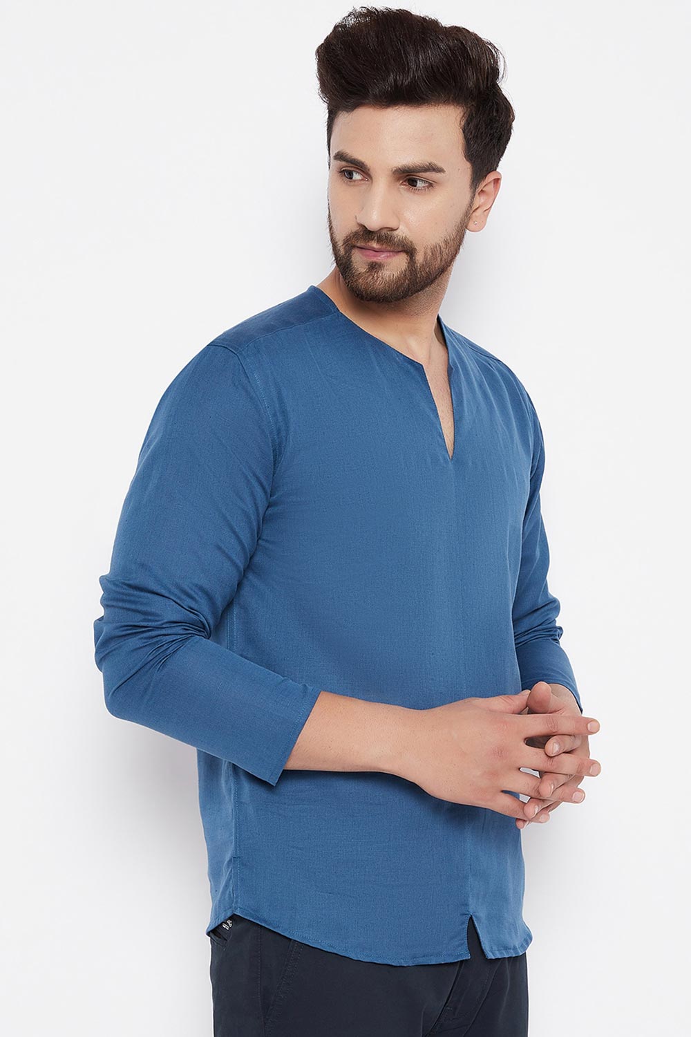 Buy Linen Solid Kurta in Blue Online - Side